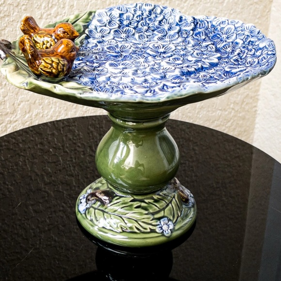 Vintage majolica Floral Ceramic Pedestal Plate with Birds cake pedestal birdbath